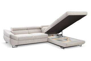 Sectional sofa with lift-top feature on a white background