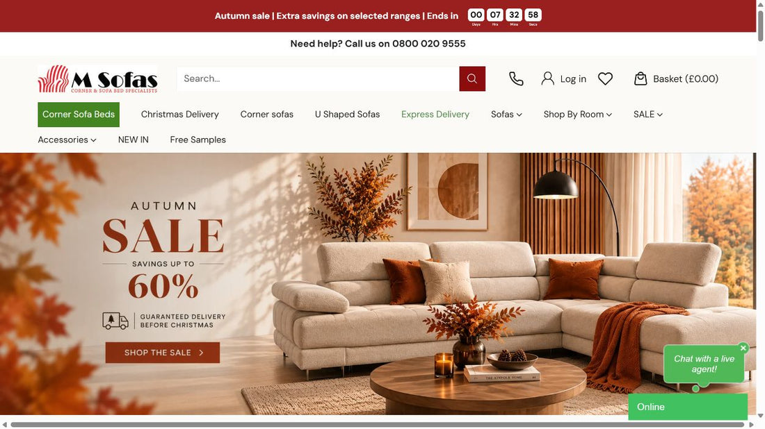 Msofas homepage with product navigation, search and basket.