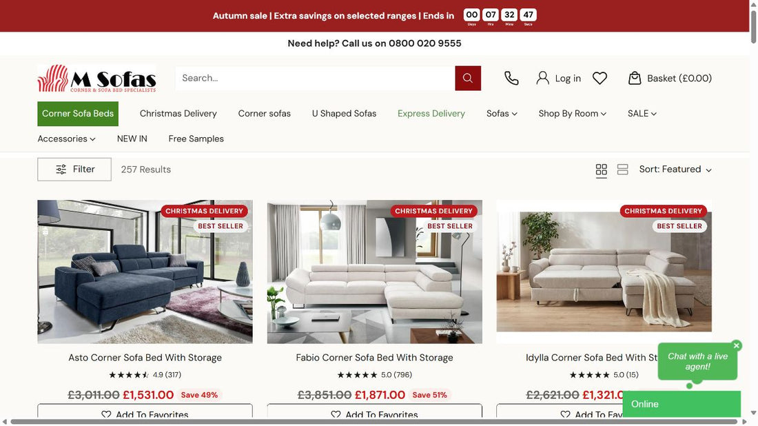 Corner sofa bed collection showing product cards, Filter and Sort by.