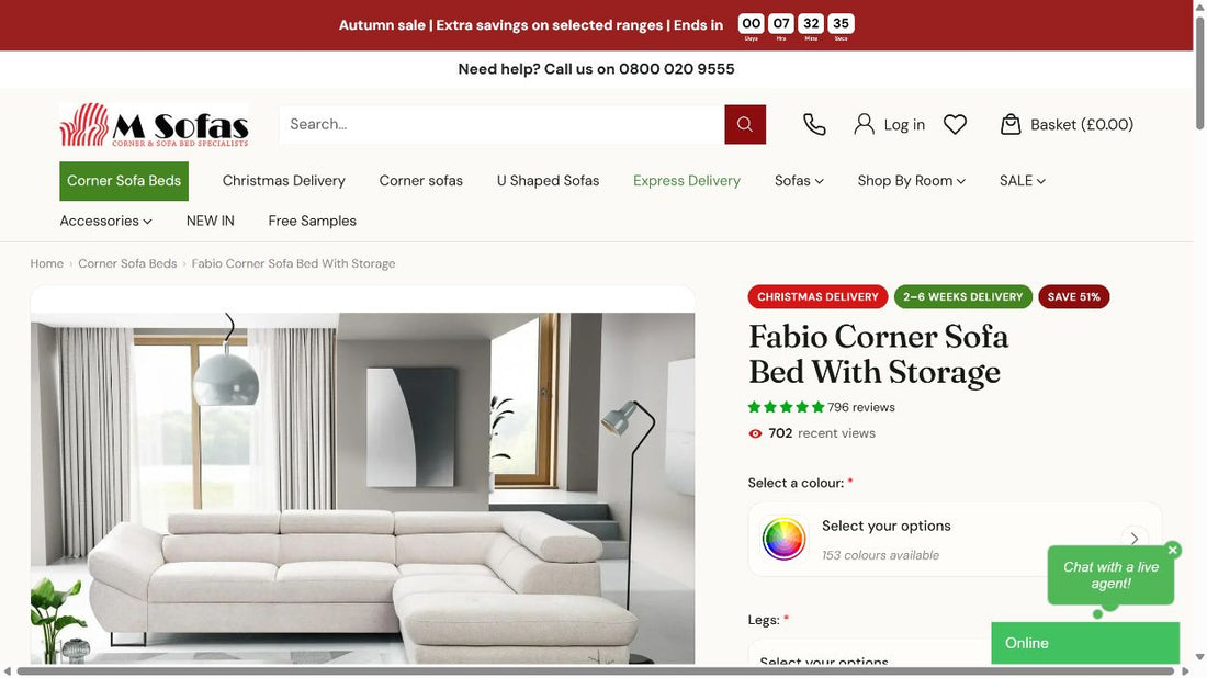 Fabio product page showing the sofa, product name and colour selector.