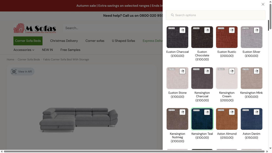 Colour selection panel with labelled fabric swatches.