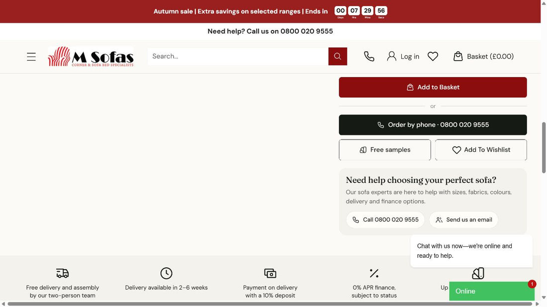 Msofas product page with the red Add to Basket button.
