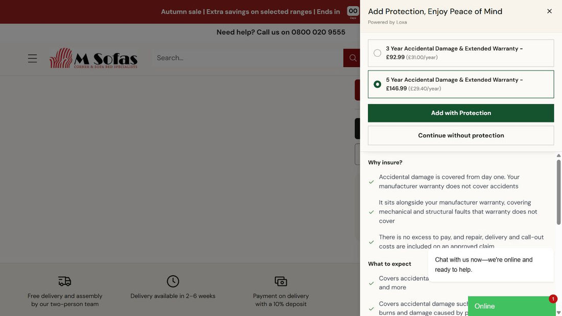 Optional protection panel with Add with Protection and Continue without protection buttons.