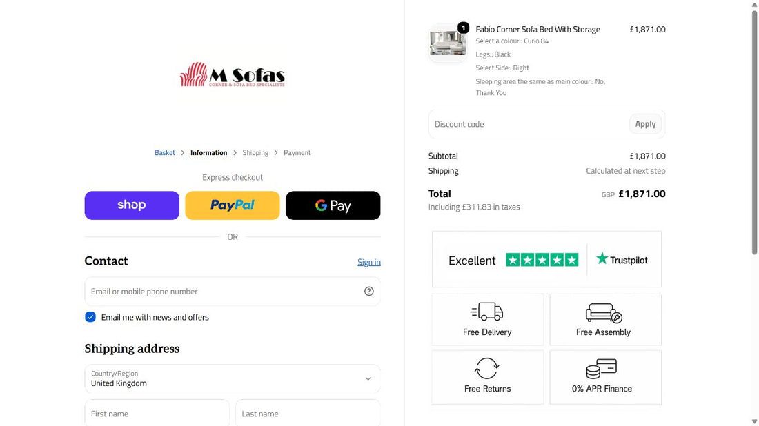 Blank checkout Contact section with order summary and Discount code field.