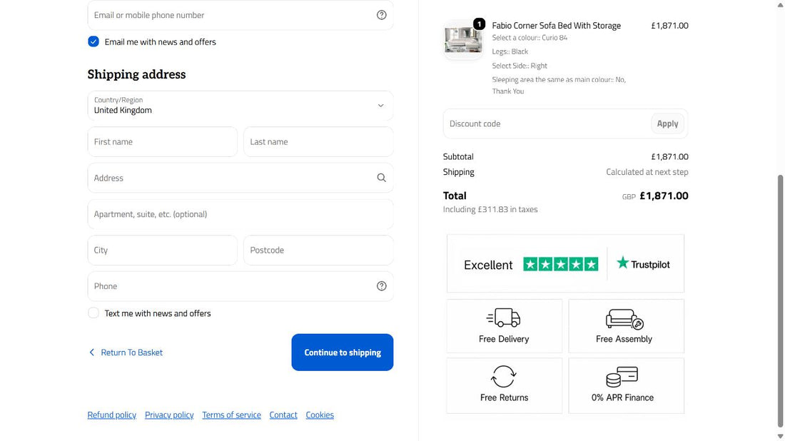 Blank shipping address form with name, address, city, postcode, phone and Continue to shipping button.
