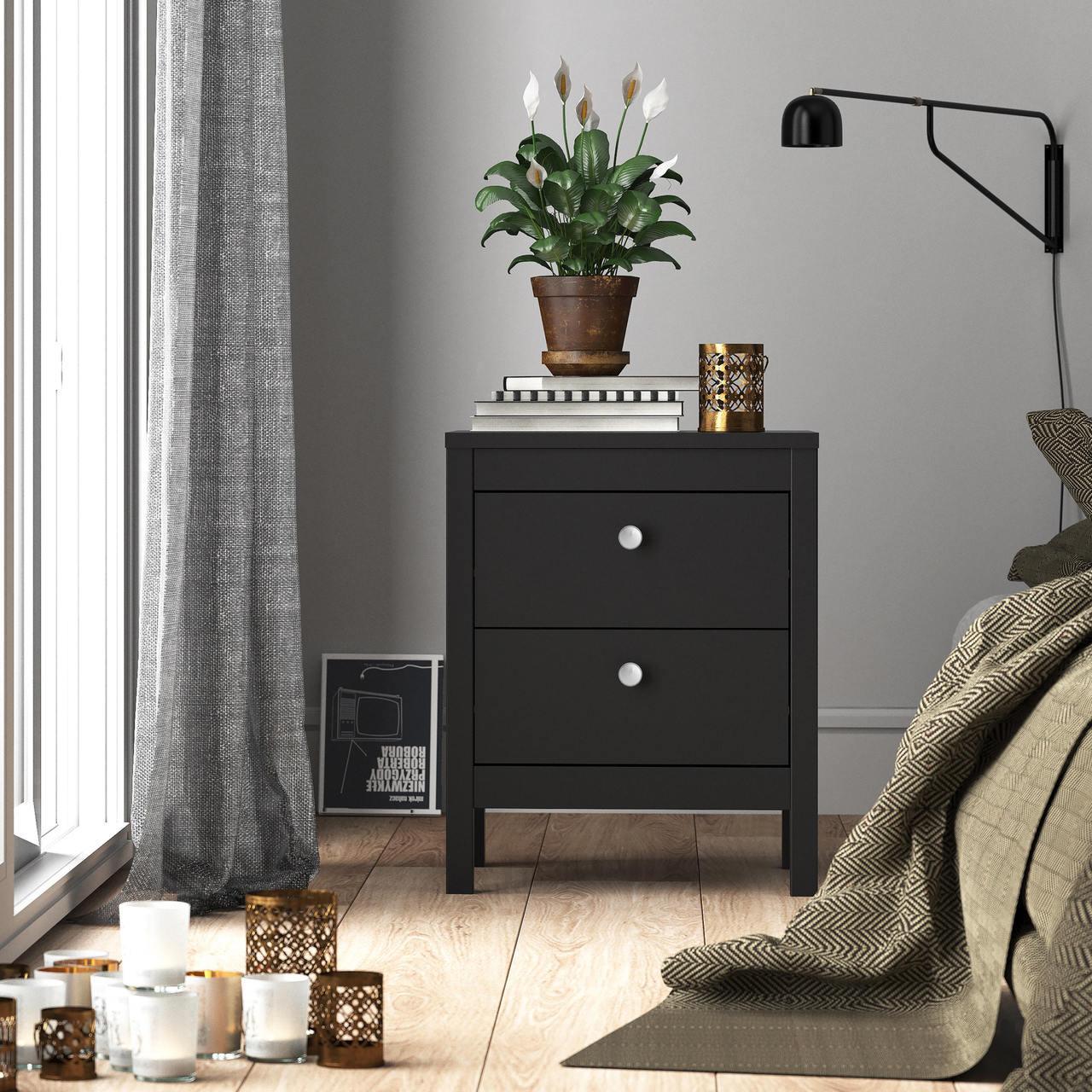 Madrid Bedside Table 2 Drawers in Matt Black