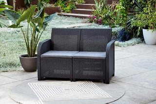 Keter Rosalie Lounge Outdoor Set with Cushions Included - Armchairs + Sofa + Coffee Table Container - Msofas LTD