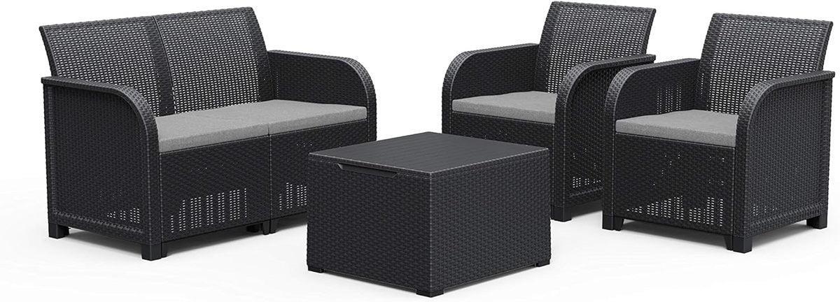 Keter Rosalie Lounge Outdoor Set with Cushions Included - Armchairs + Sofa + Coffee Table Container