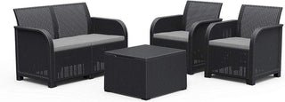 Keter Rosalie Lounge Outdoor Set with Cushions Included - Armchairs + Sofa + Coffee Table Container - Msofas LTD