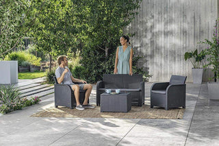 Keter Rosalie Lounge Outdoor Set with Cushions Included - Armchairs + Sofa + Coffee Table Container - Msofas LTD