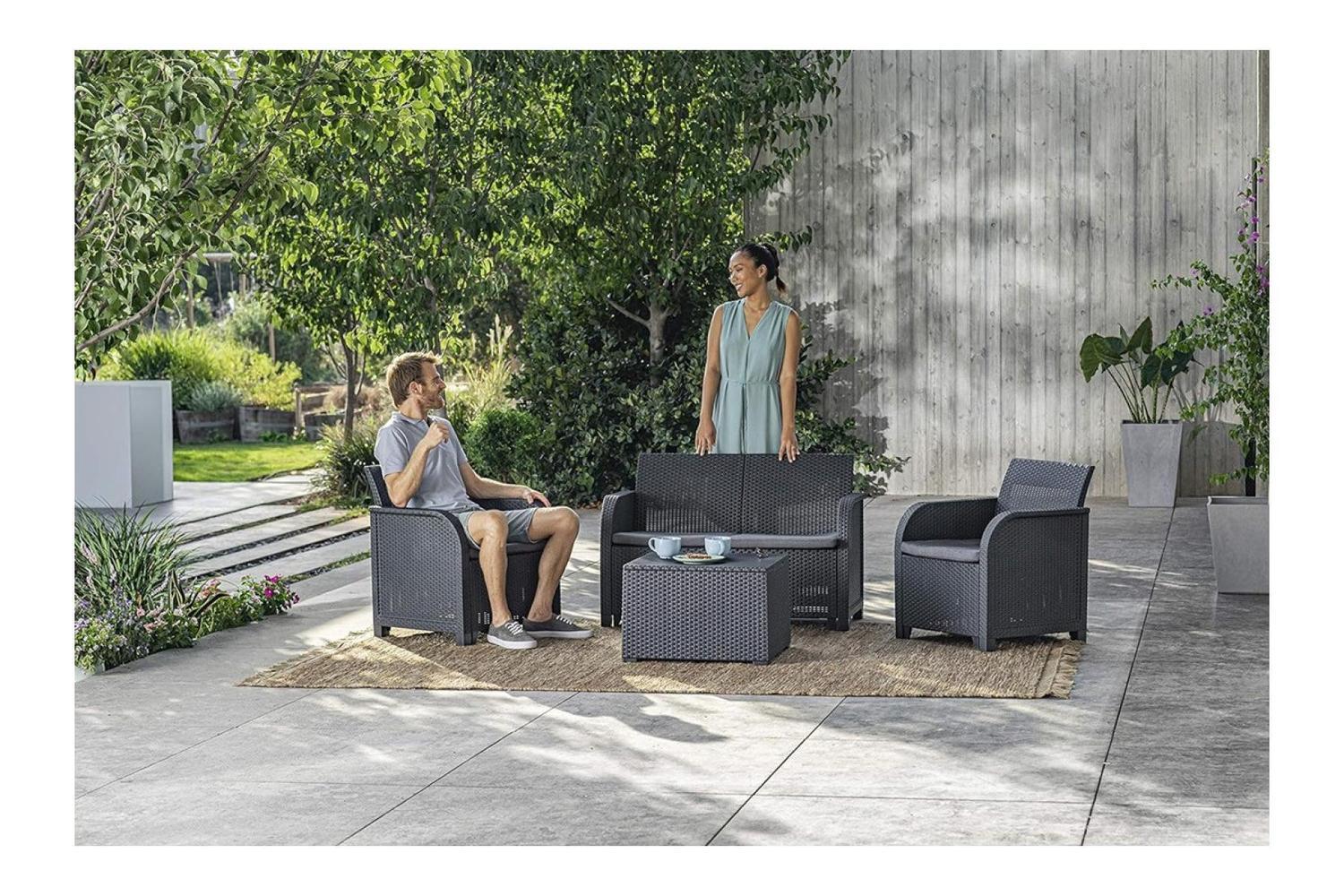 Keter Express Delivery Rosalie Lounge Outdoor Set With Cushions Included - Armchairs + Sofa + Coffee Table Container