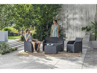 Keter Rosalie Lounge Outdoor Set with Cushions Included - Armchairs + Sofa + Coffee Table Container