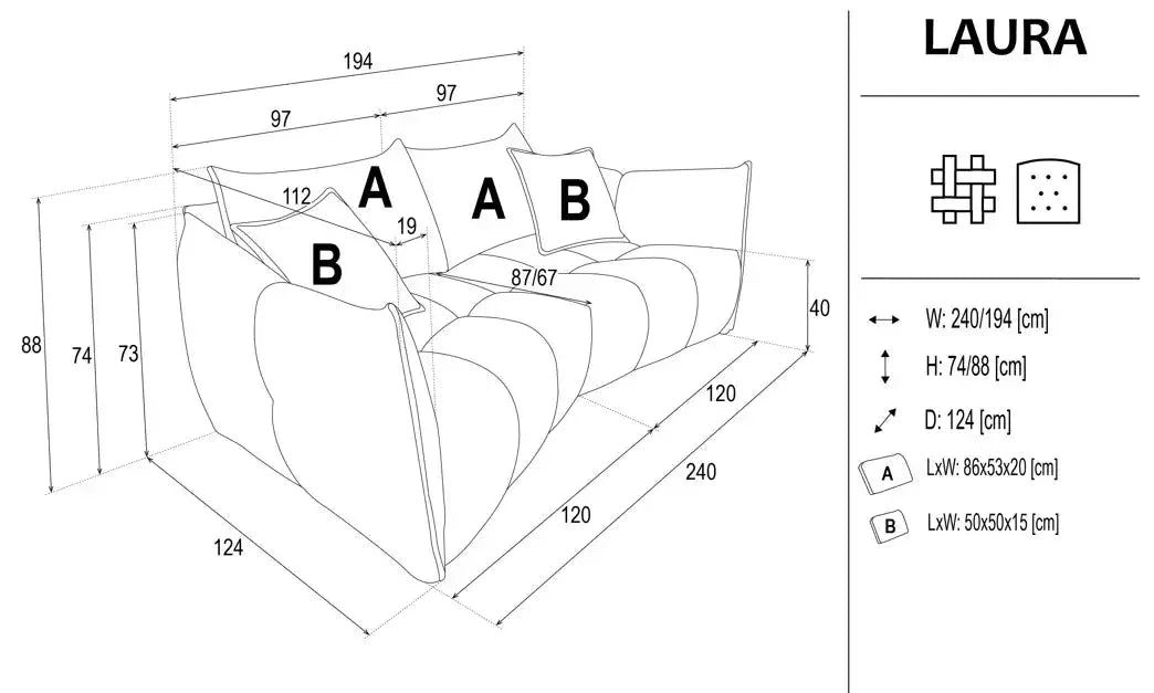 Laura 3 Seater Sofa dimensions
