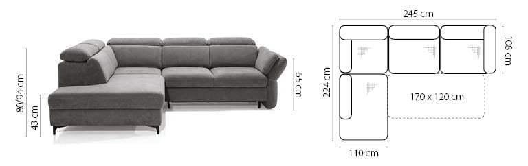 Merano Corner Sofa Bed With Storage dimensions