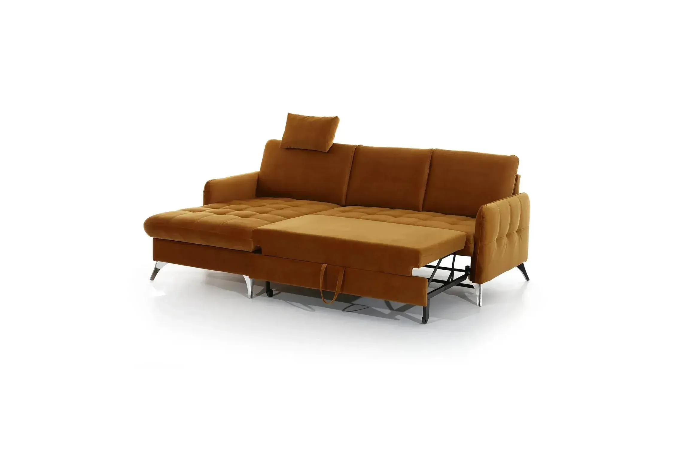 Brown sectional sofa with ottoman on a white background