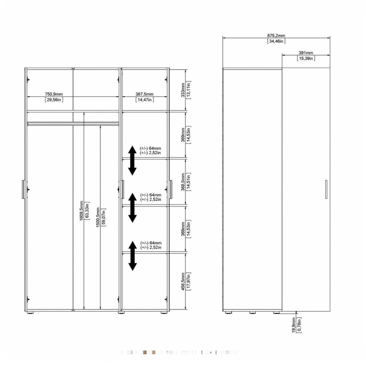 Pepe Wardrobe with 3 Doors in Oak with White High Gloss