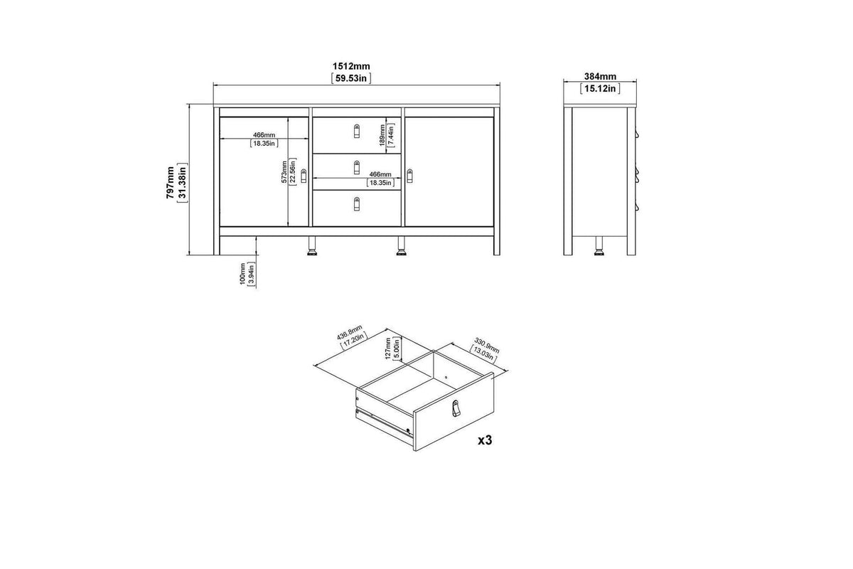 Madrid Sideboard 2 Doors + 3 Drawers In White