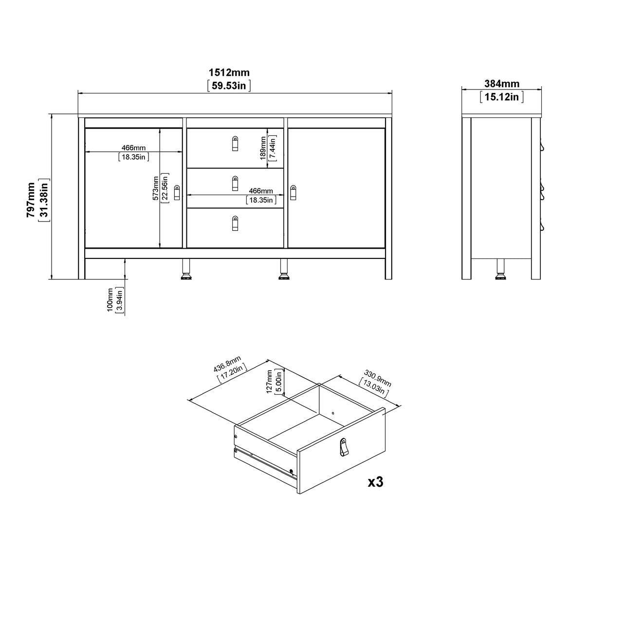 Madrid Sideboard 2 Doors + 3 Drawers in White