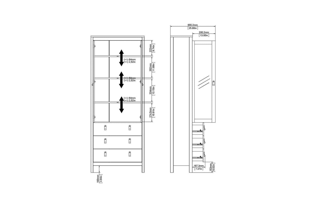 Madrid China Cabinet 2 Doors + 3 Drawers In White