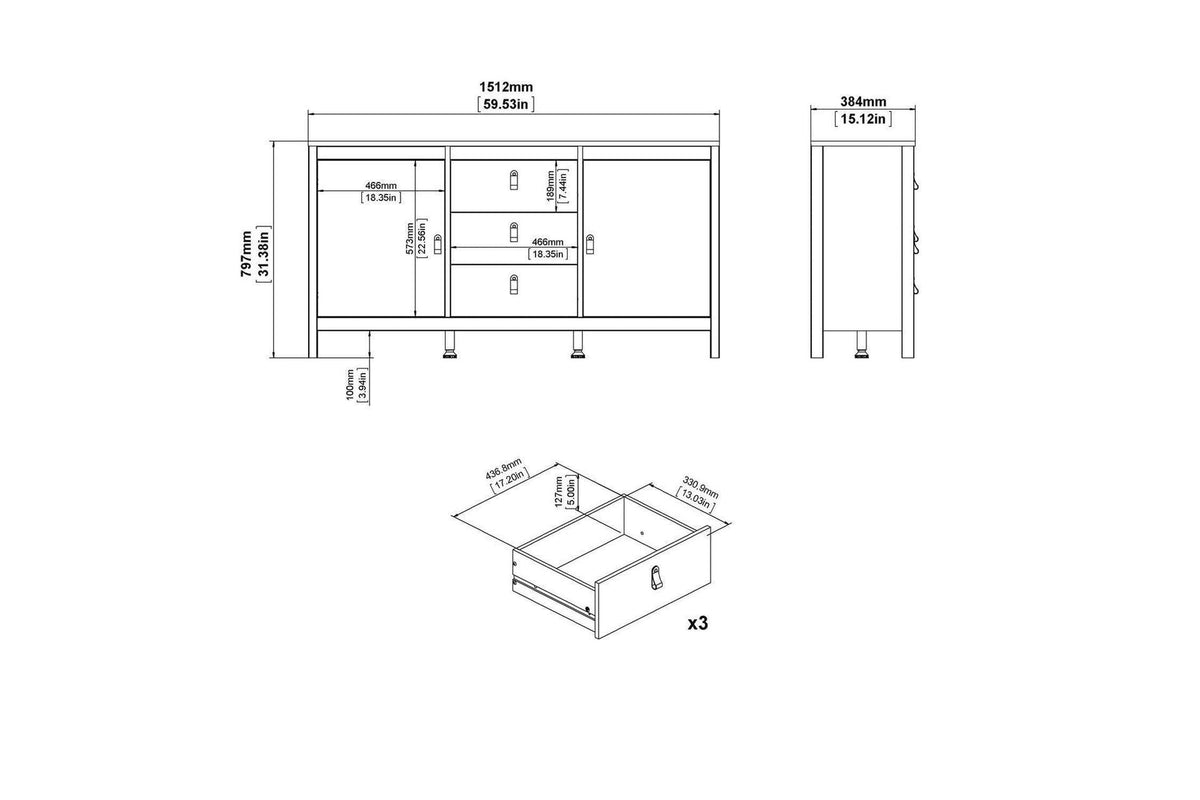 Madrid Sideboard 2 Doors + 3 Drawers In Matt Black