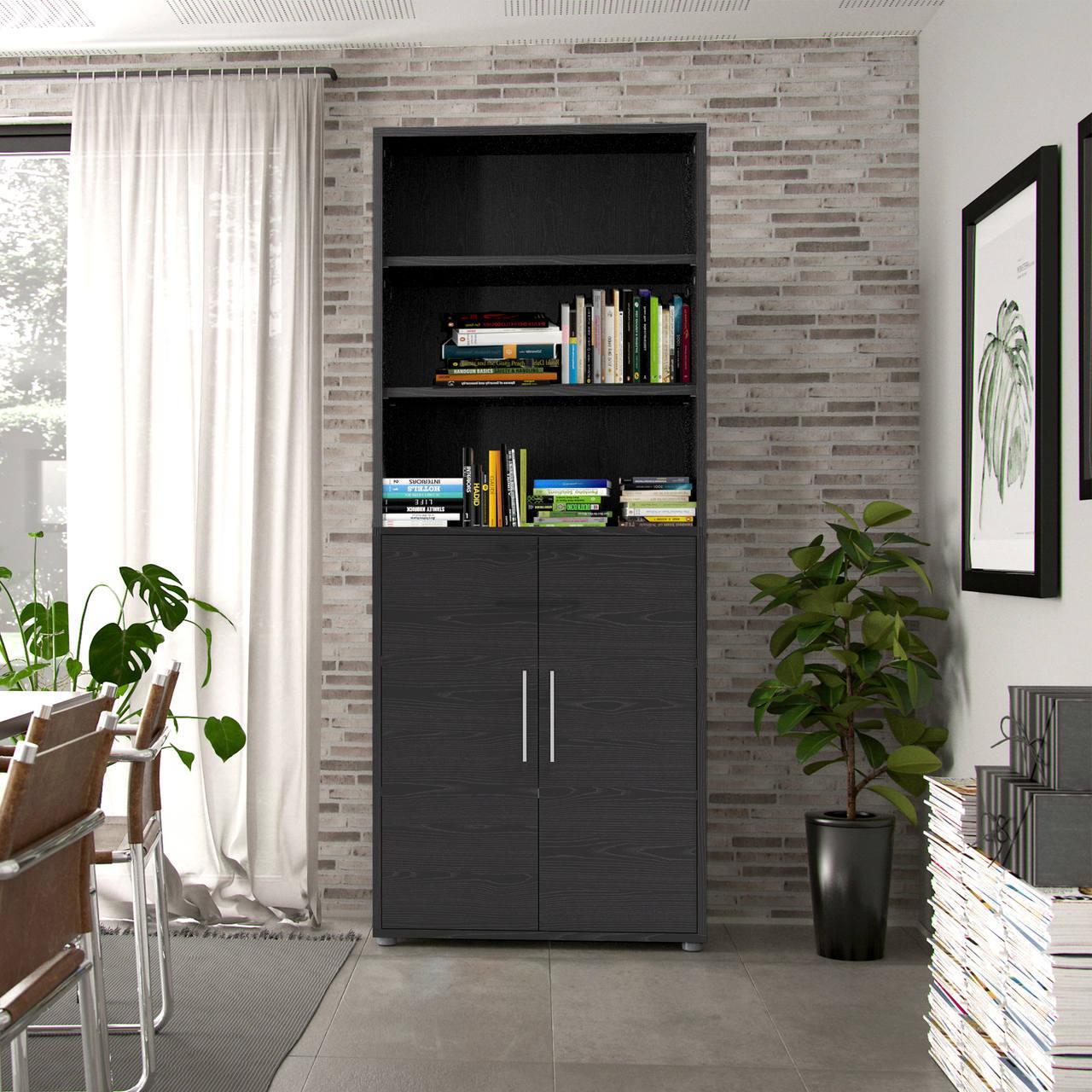 Prima Bookcase 4 Shelves with 2 Doors in Black Woodgrain