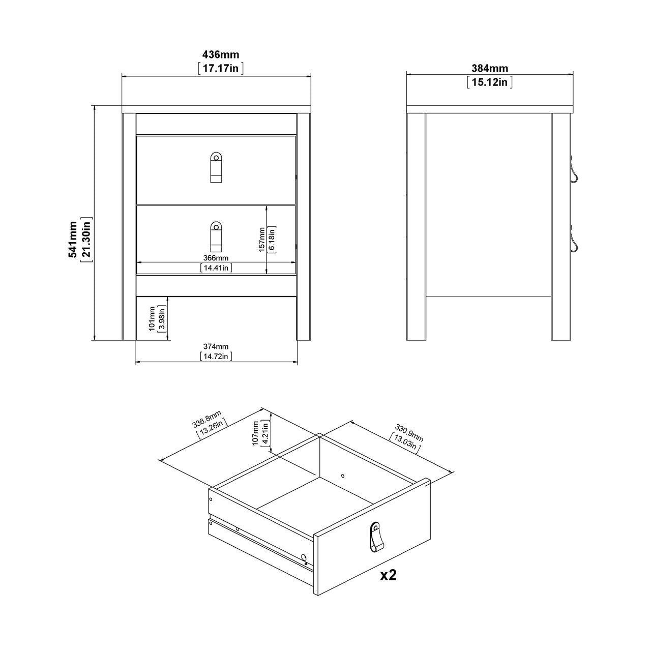 Madrid Bedside Table 2 Drawers in White