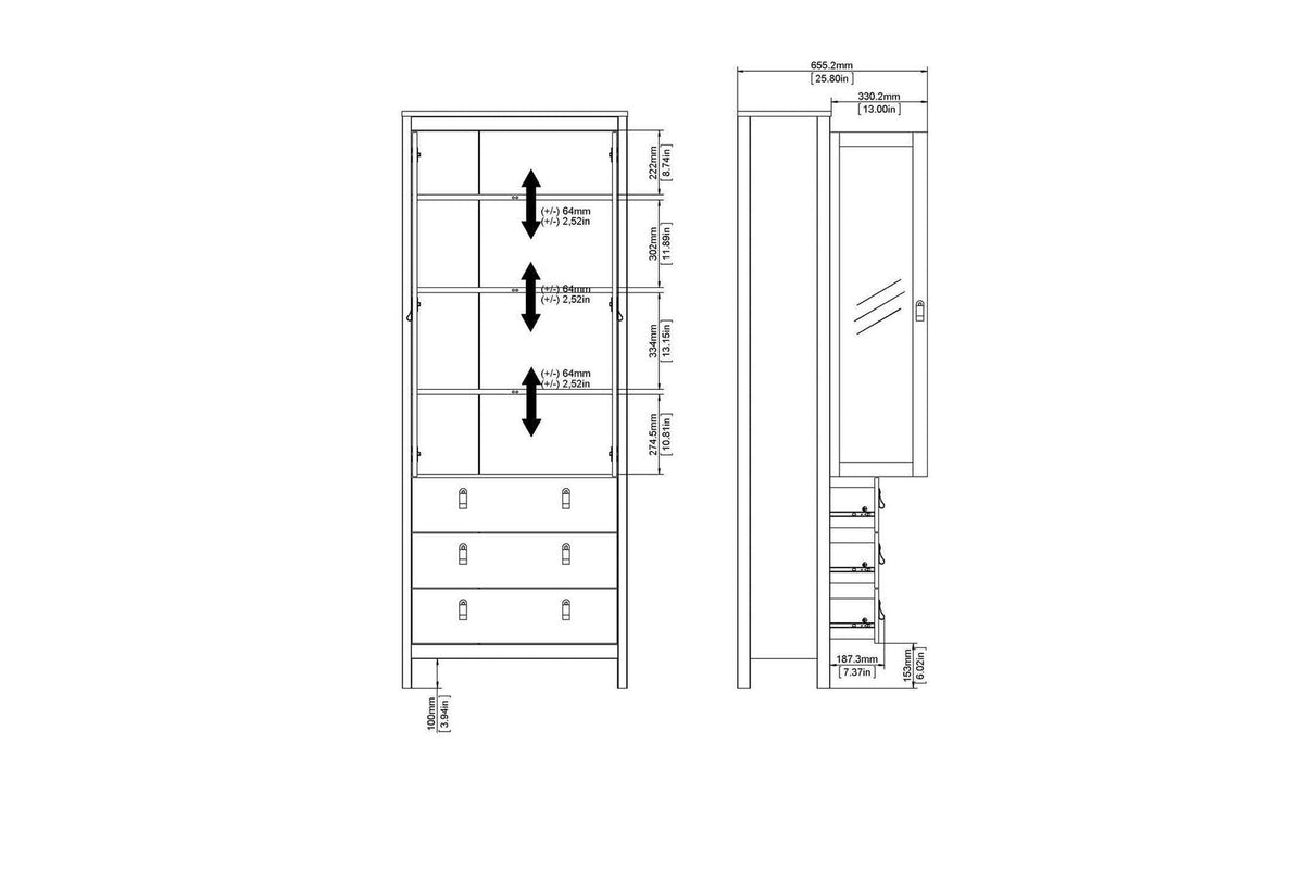 Madrid China Cabinet 2 Doors + 3 Drawers In Matt Black