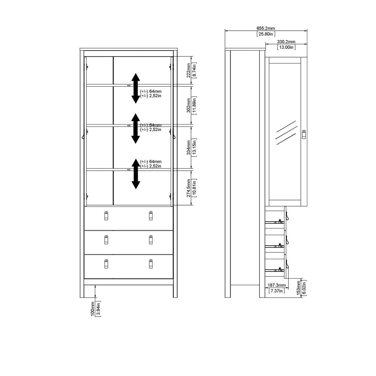 Madrid China Cabinet 2 Doors + 3 Drawers in Matt Black